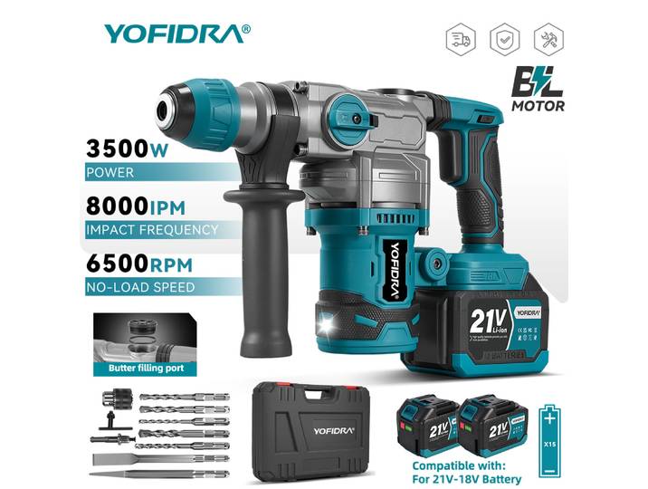 Marteau perforateur électrique sans balais 26MM 3500W, perceuse à percussion multi-visseuses, outil de perçage rotatif compatible avec batterie Makita
