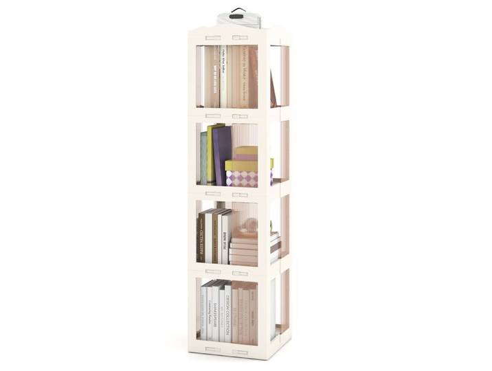 Bibliothèque à 4 Niveaux Rotative à 360° COSTWAY 141cm Étagère d'Angle Pliante de Sol Translucide pour Salon Chambre Bureau Blanc