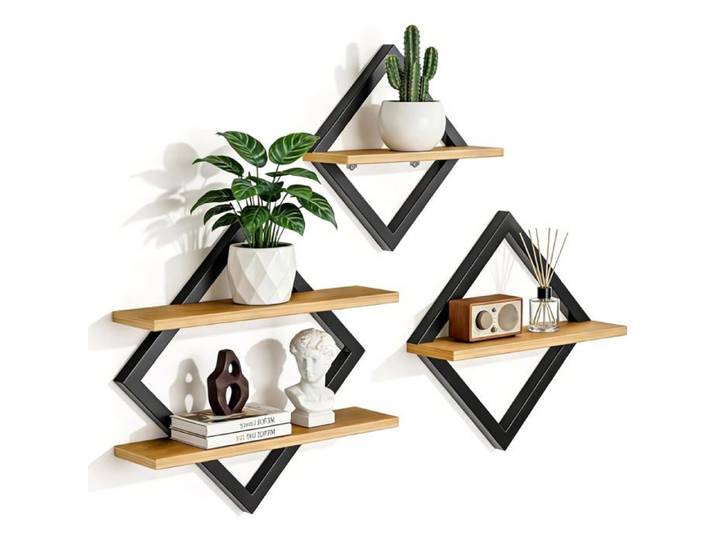 Étagères Murales Géométriques En Forme De Losange Noir Et Bois Set De 3 29 Cm 35 Cm 41 Cm Style Moderne Pour Salon Chambre