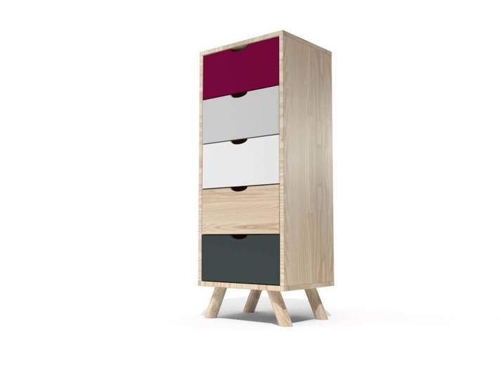 Chiffonnier Scandinave bois 5 tiroirs Viking Prune, Gris souris, Blanc, Gris anthracite