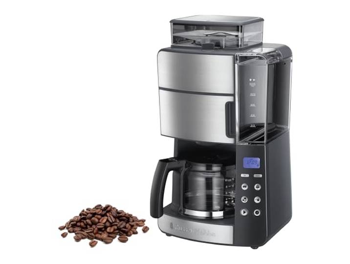 Russell Hobbs Filterkaffeemaschine Grind&Brew, Glaskanne, 10 Tassen Brausekopf-Extraktion Für Aroma, Programmierbarer Timer, Automatische Abschaltung, Stufige Mahlgradeinstellung Im Mahlwerk
