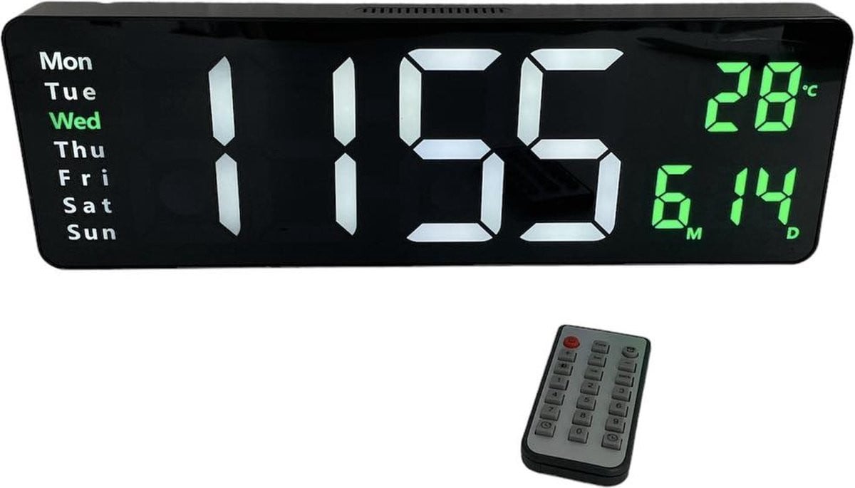 Grote digitale wandklok Groen/Wit met draadloze afstandsbediening en stopwatchfunctie