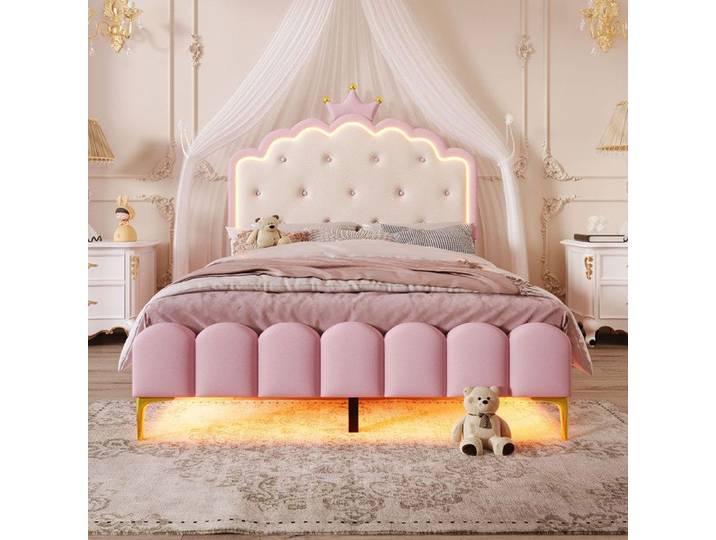 Lit 140x200 cm rembourré avec Lumière d'ambiance avec télécommande Forme de princesse héritière - SWEIKO - PU Rose