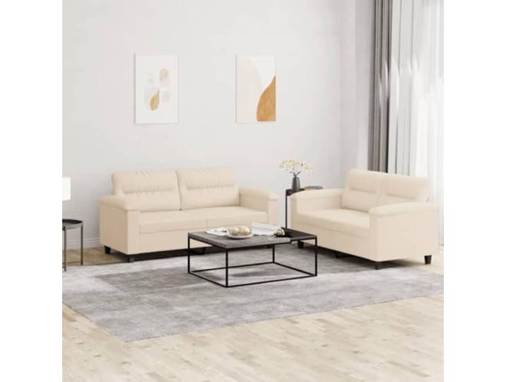 HEFZGDB 2-TLG. Sofagarnitur mit Kissen Beige Mikrofasergewebe Langlebiges Polstermöbel Robuster Metallrahmen Bequeme Sitzauflage Stabiles Sofa Set Fleckenunempfindlich Einfache