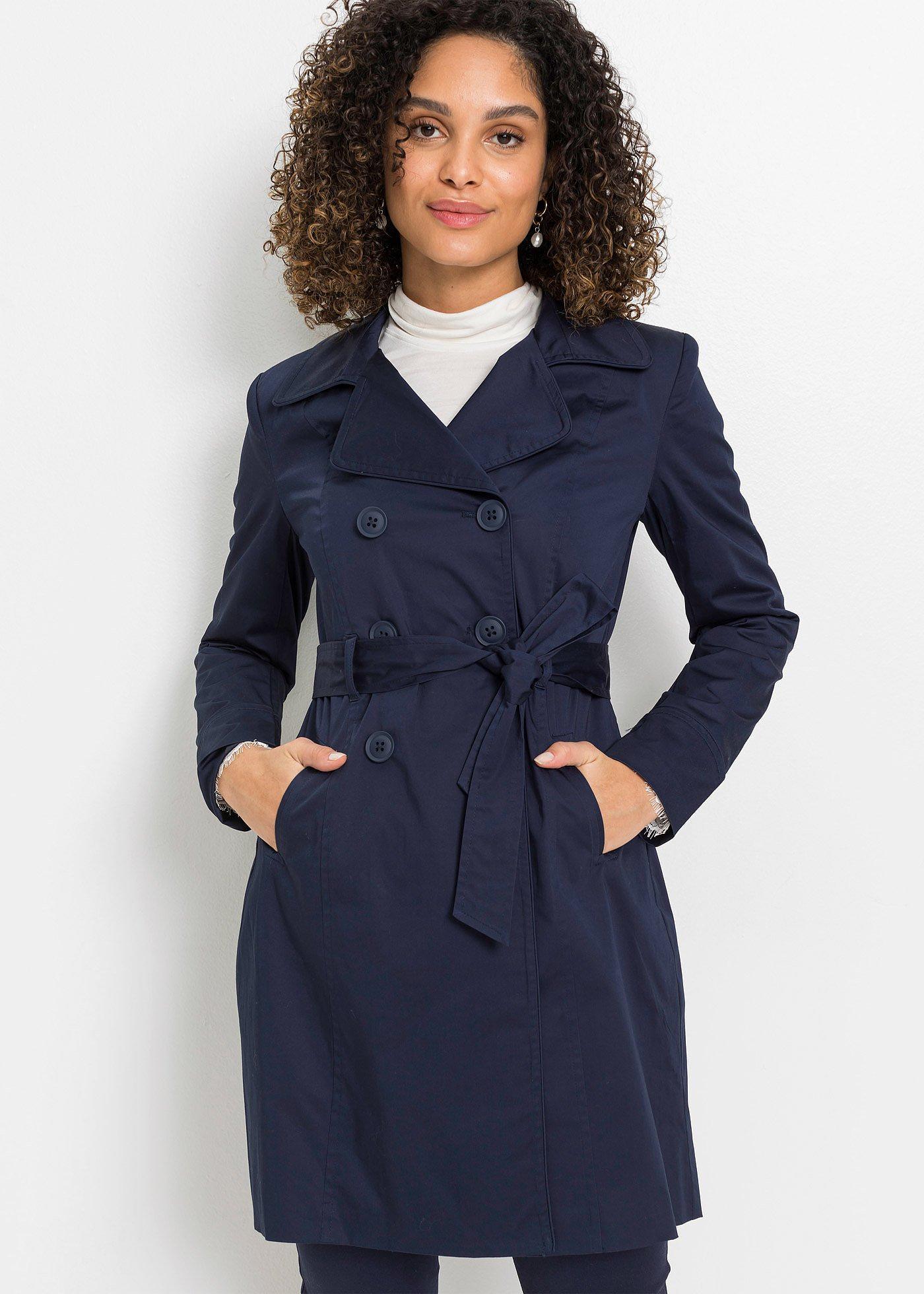 bonprix Doppelreihiger Trenchcoat, blau, Gr.46, Charmanter Trenchcoat mit doppelreihiger Knopfleiste und Bindegürtel., 97% Baumwolle