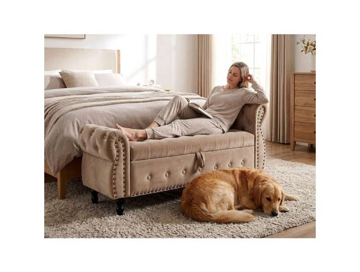 Premium Luxe Banquette Coffre Banc de Rangement Velours Marron Design élégant 151 cm de Chambre Rembourrée Lit avec Accoudoirs