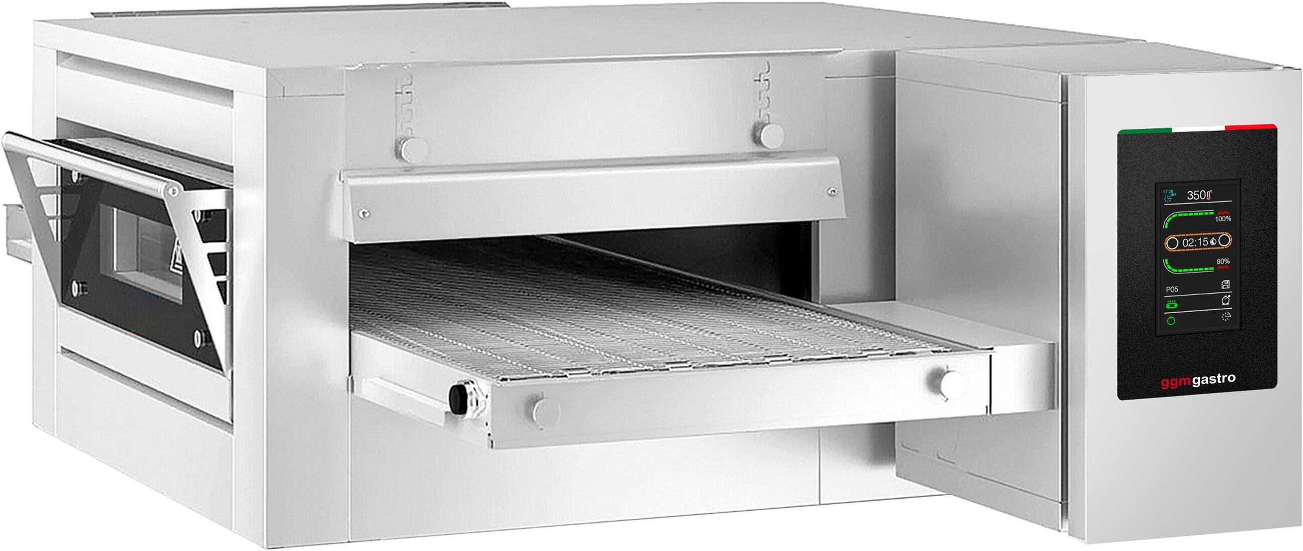 GGM Gastro Professionele doorloop pizzaoven - elektrisch - 1400x2000x1110mm - 2 kamers - tot 350°C - Touch - Bandbreedte: 650mm zilver