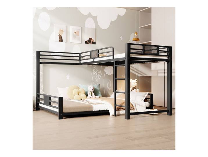 Odikalo Etagenbett 90x200 140x200 Kinderbett Jugendbett Metallbett (L-förmiges Metall-Etagenbett 90x200 über 140x200, Weiß / Schwarz)