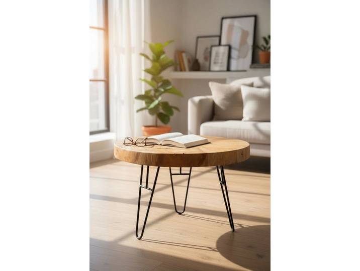 FaHome Couchtisch Runder Couchtisch aus Holz und Metall: Modernes Design (60cm Durchmesser), Beistelltisch Modern
