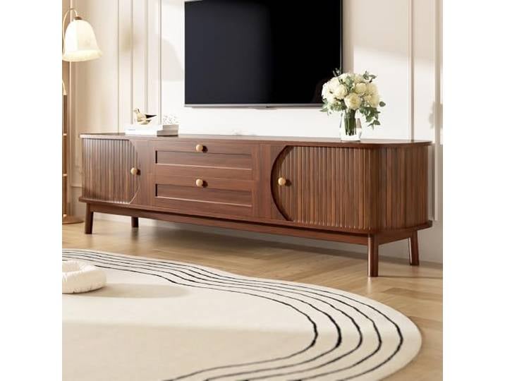 BTM Moderner TV-Schrank mit Schubladen, Staufächern, Abgerundeten Ecken, Fernsehbänkchen TV Lowboard, Walnussfarbe