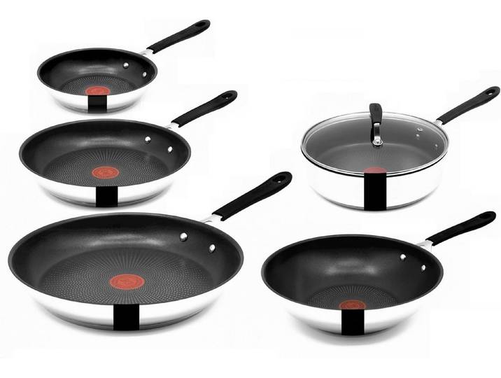 Tefal Pfannen-Set Jamie Oliver E76 Pfannenset 20,24,28cm + Wok 28cm Schmorpfanne mD 25cm, Edelstahl 18/10 (Pfanne, Bratpfannen Set, Pfannenset, Wok, Wokpfanne, Schmorpfanne, Pfannen + 1 Wender & Schoner Antihaftbeschichtet Pfannenset mit Deckel), ohne Fett / Öl braten