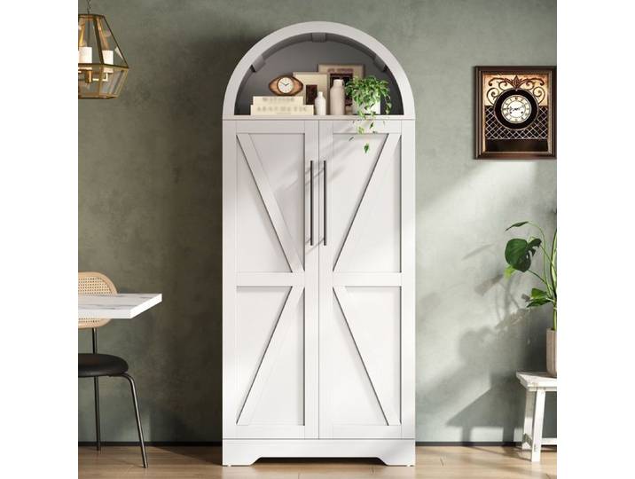 Buffet de cuisine 70x40x165 cm vitrine arquée avec niche ouverte porte-verres et range-bouteilles cuisine salon MDF blanc
