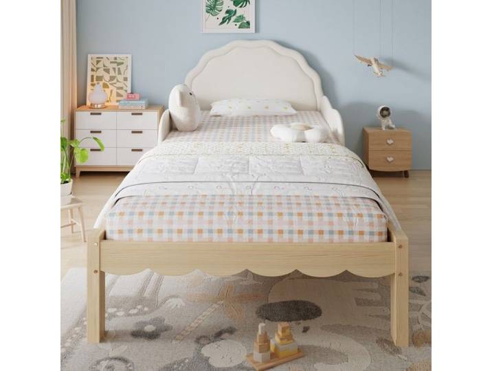 Lit simple rembourré enfant 90x200cm tête lit PU cadre bois sommier lattes robuste design enfant Beige Naturel sans matelas