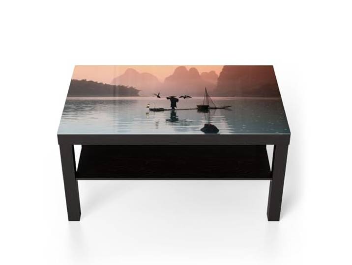 DEQORI Glastisch schwarz groß 90x50 cm Motiv Fluss der Stille ausgefallener Beistelltisch aus Glas Hochglanz Couchtisch fürs Wohnzimmer moderner Couch Tisch mit Design