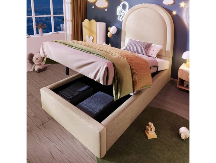 Lit rembourré pour enfant beige - BLACKCOLOR - 90x190 cm - Tête de lit en arche demi-circulaire - Sommier hydraulique