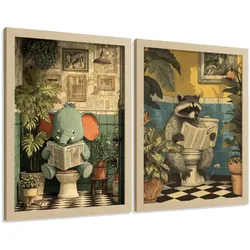 POSTER 2er-Set lustige Badezimmer-Kunstdrucke, Bilder mit lustigen Tieren auf der Toilette, witzige, Dusche Leichter Holzrahmen A3