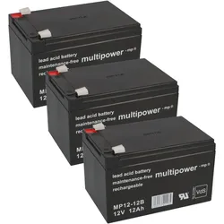 3x Multipower MP12-12B AGM Bleiakku 12V 12Ah – 36V 12Ah Akku-Satz