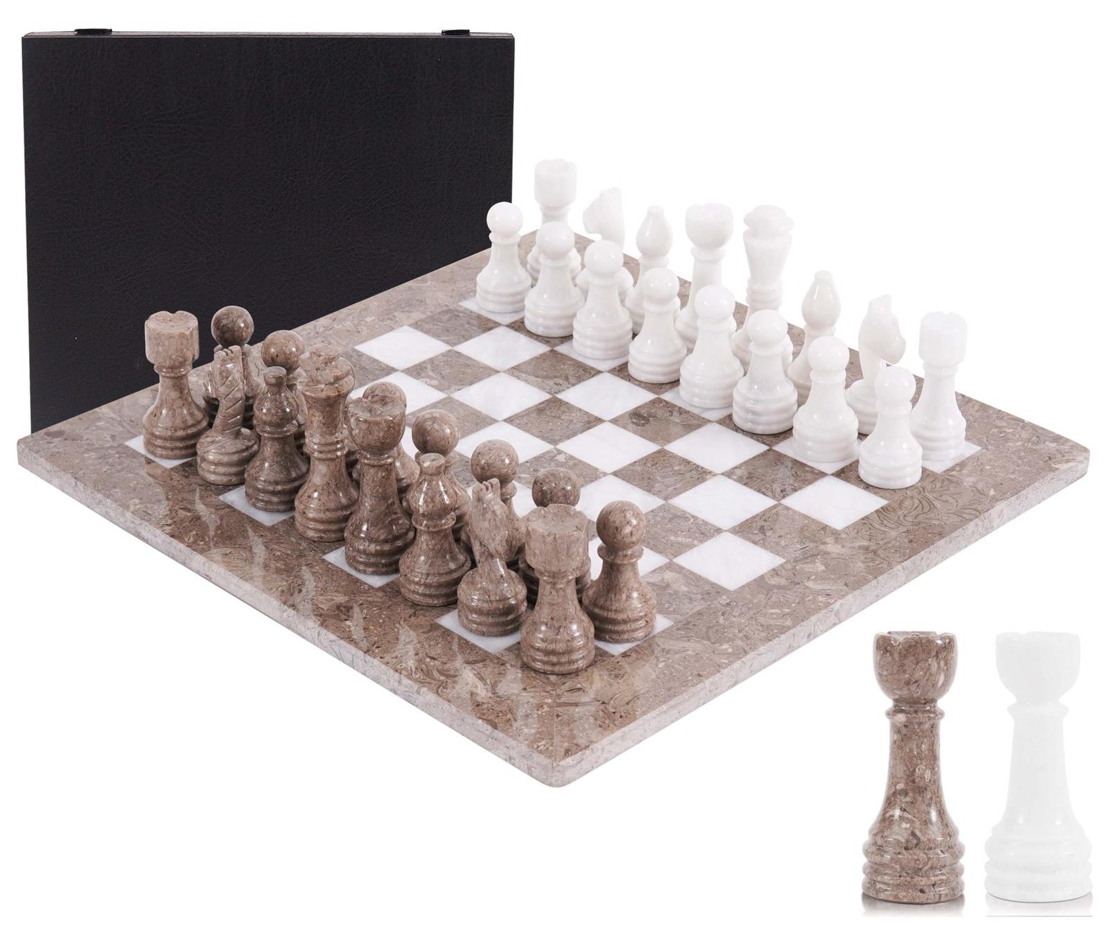 Marmor Schachspiel Schachbrett - 38 cm - 32 Schachfiguren - Mit Aufbewahrungskoffer