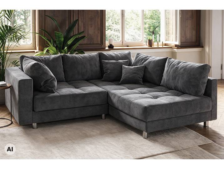 Ecksofa KENT 220cm grau Samt Federkern beidseitig aufbaubar mit Kissen L-Form Wohnzimmer Modern & Design