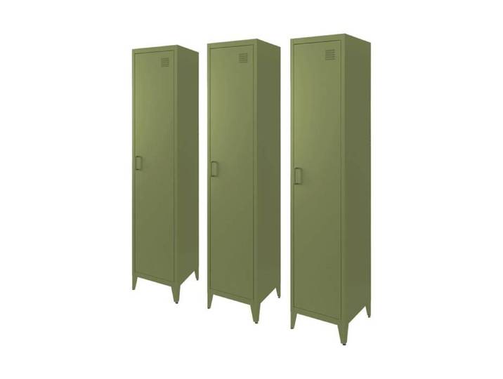 Lot de 3 armoires chambre enfant en acier kaki. 4 espaces de rangement. casier. L 38 x P 38 x H 180 cm