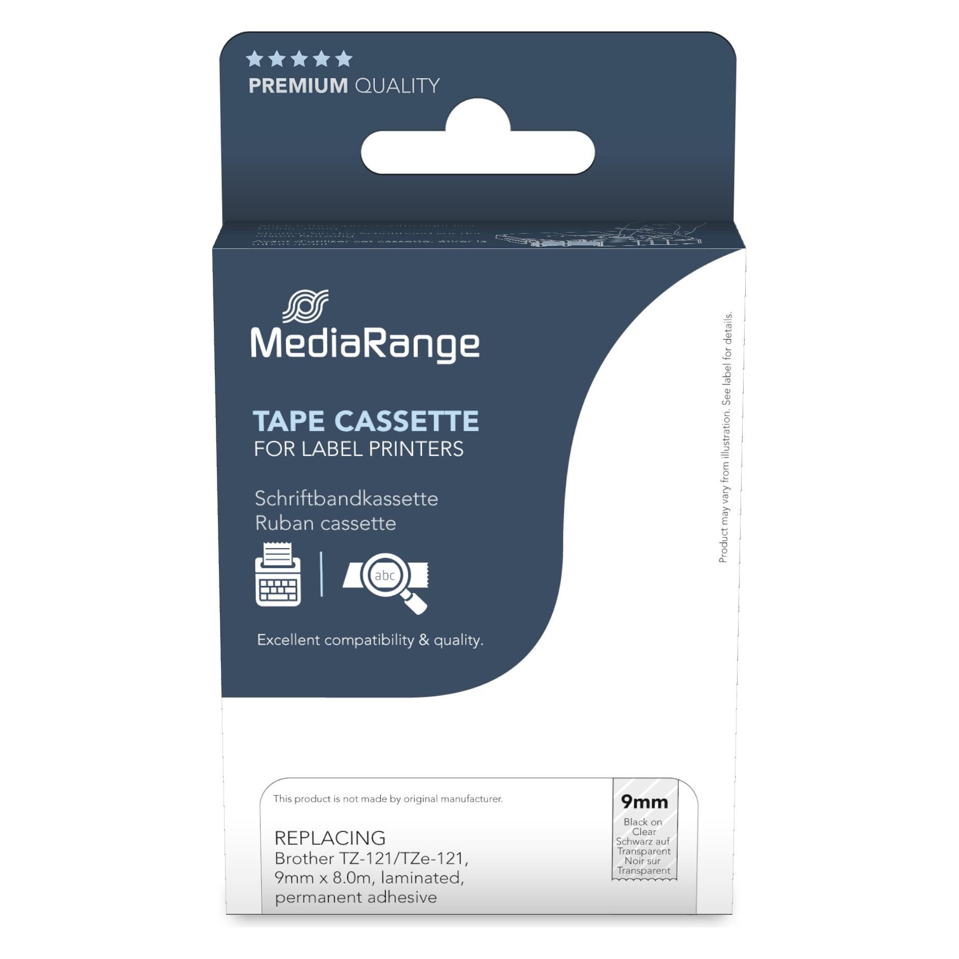 MediaRange Schriftband 9mm schwarz/transp. TZ-121/TZe-121 8m (0.90 cm, Schwarz, Transparent) (MRBTZ121)