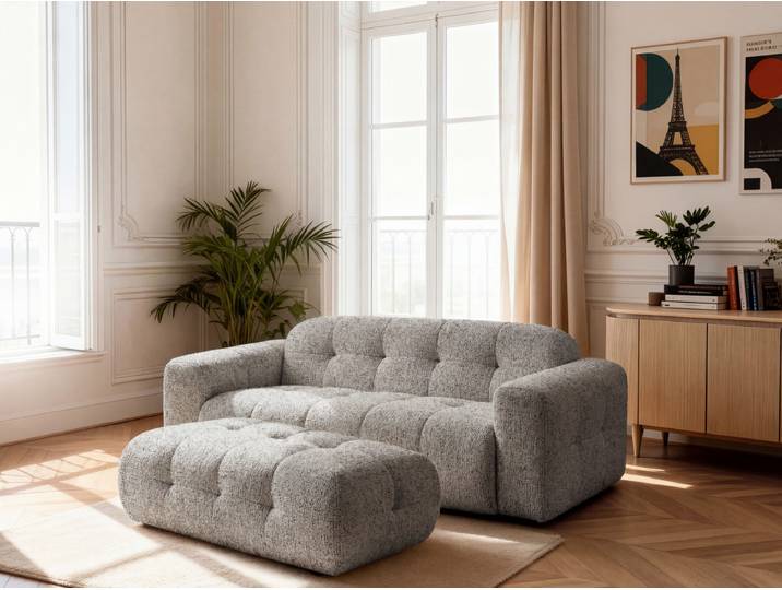 Canapé droit fixe 3 places LAURA tissu chiné avec grand pouf