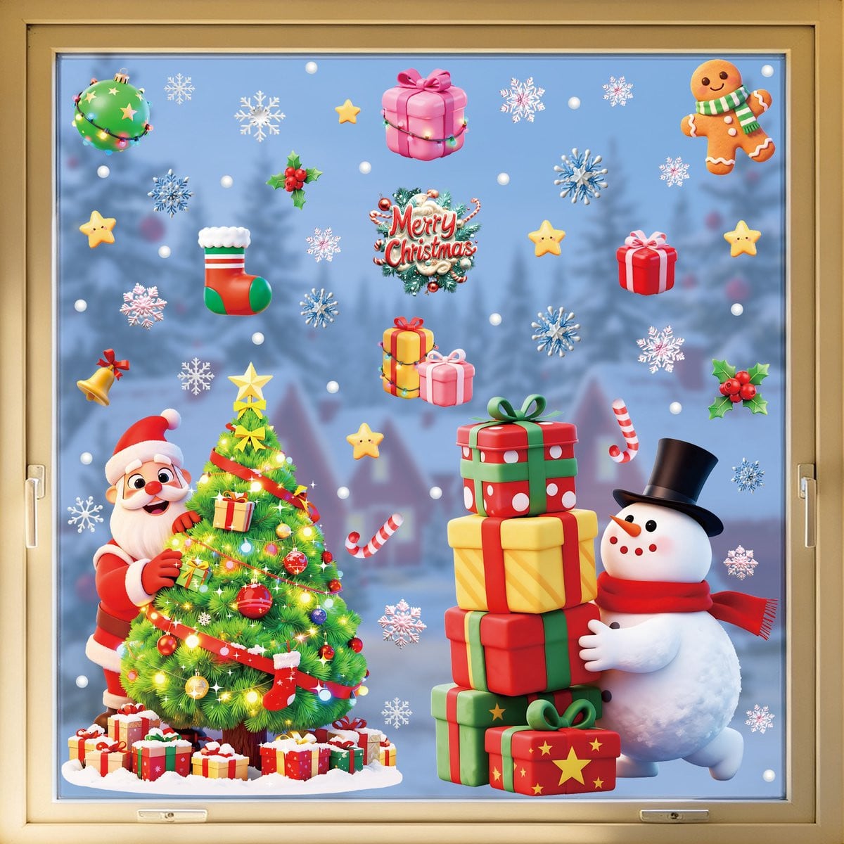Set van 2 vellen kerst statische raamstickers met kerstman, kerstboom en sneeuwman in multicolor