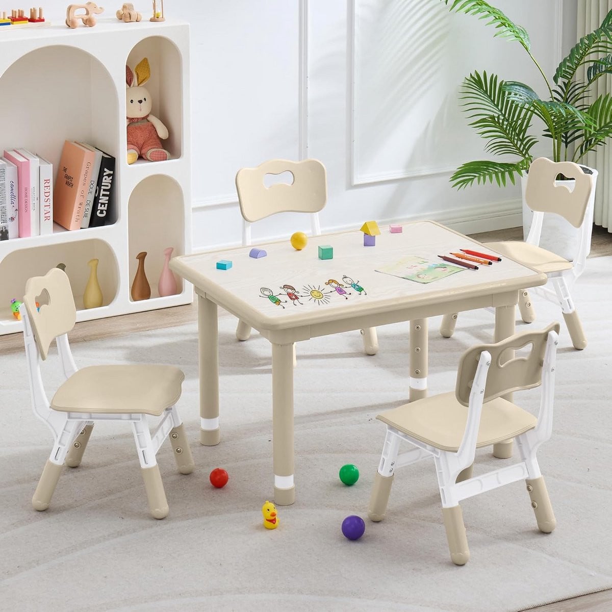 In hoogte verstelbare kinderbureau en stoelenset met 4 stoelen voor de kinderkamer of thuiskantoor