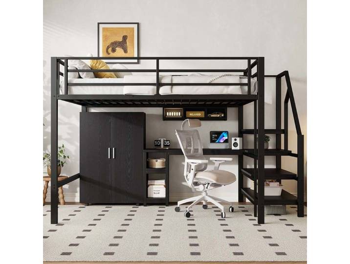 Lit mezzanine - 140x200 - avec armoire et bureau - structure métal - noir