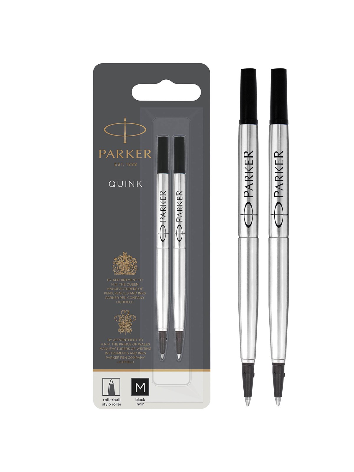 Parker Ersatzminen für Tintenroller | mittlere Spitze | schwarze QUINK Tinte | 2 Stück