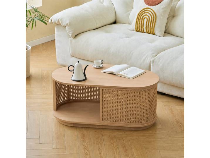 Table basse avec rangement en frêne et rotin naturel