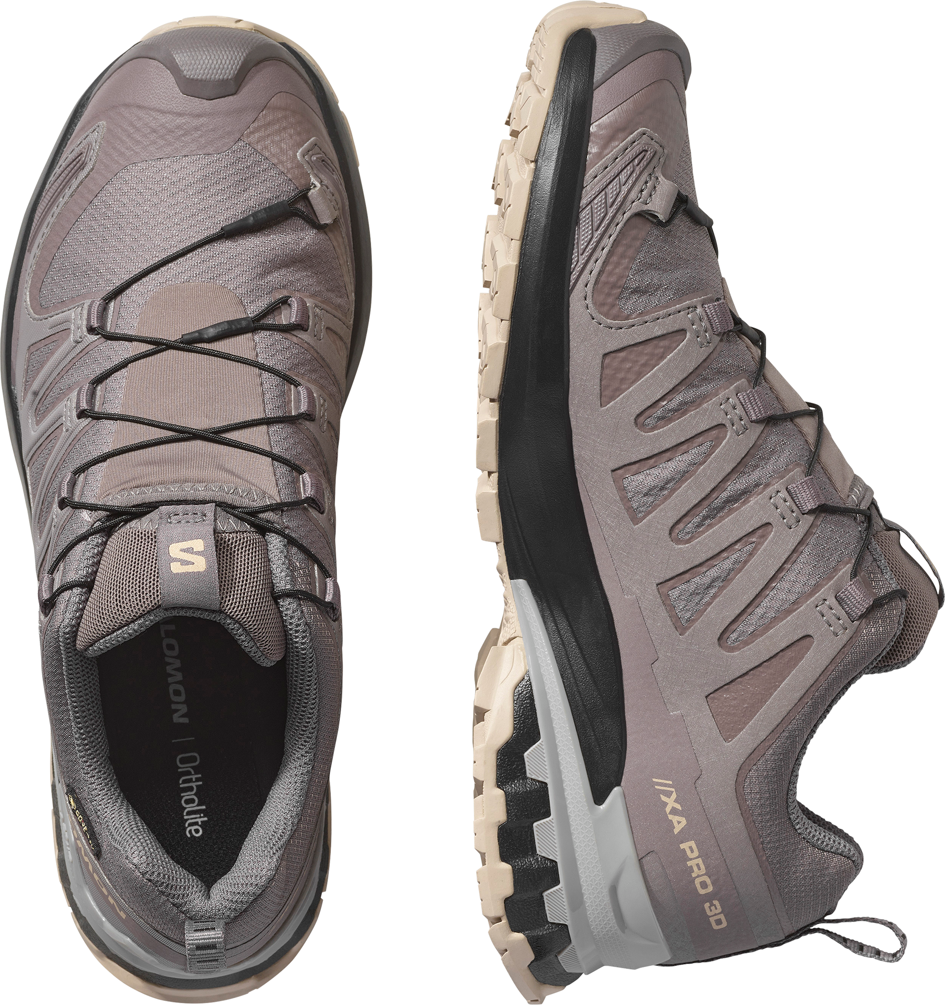 Trailrunningschuh SALOMON "XA PRO 3D V9 GORE-TEX W", Damen, Gr. 43, atmungsaktiv, schwarz (plum kitten, schwarz, gull), Synthetik, Textil, Schuhe Trailrunningschuh, wasserdicht plum kitten, schwarz, gull 43, atmungsaktiv