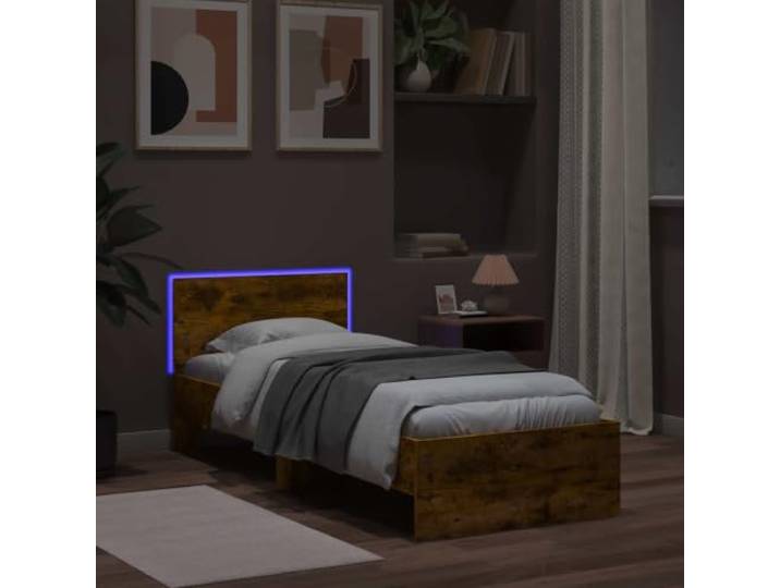 KTHLBRH Bettgestell mit Kopfteil Eiche Smoke Mehrschichtiges Holz, integrierte LED-Leuchten, modernes Design