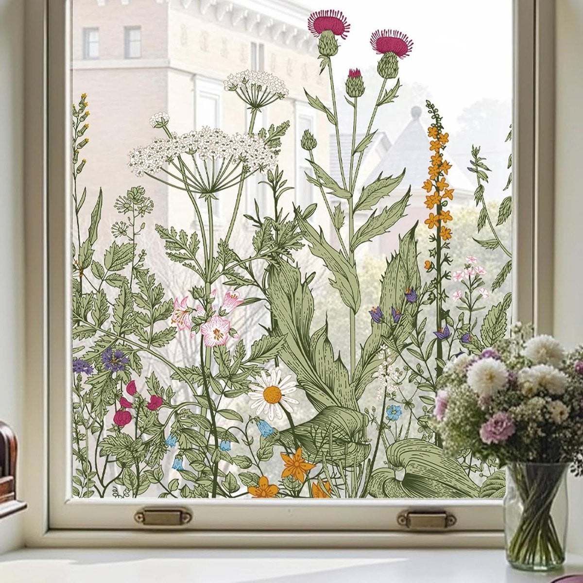Merkloze Botanische Raamfolie - Decoratieve Glasfolie voor Ramen - Statisch Hechtend - Veelkleurig - Breedte: 44 cm, Lengte: 200 cm