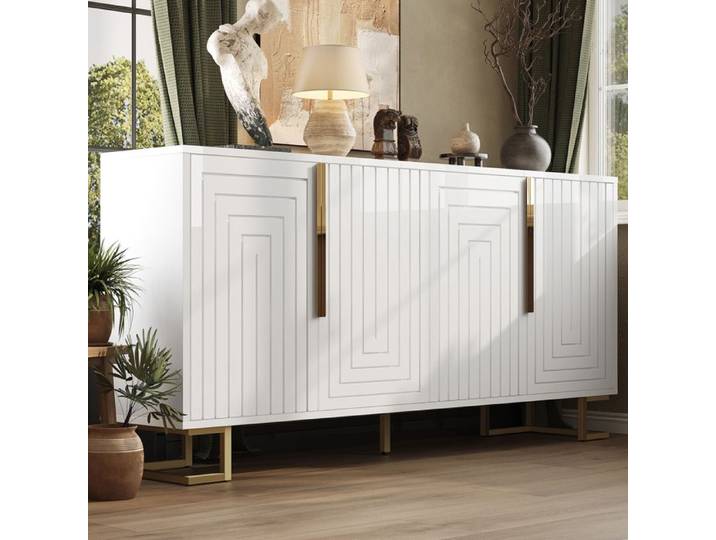 Meuble TV blanc 152x40x75 cm design géométrique unique poignées et pieds dorés élégant