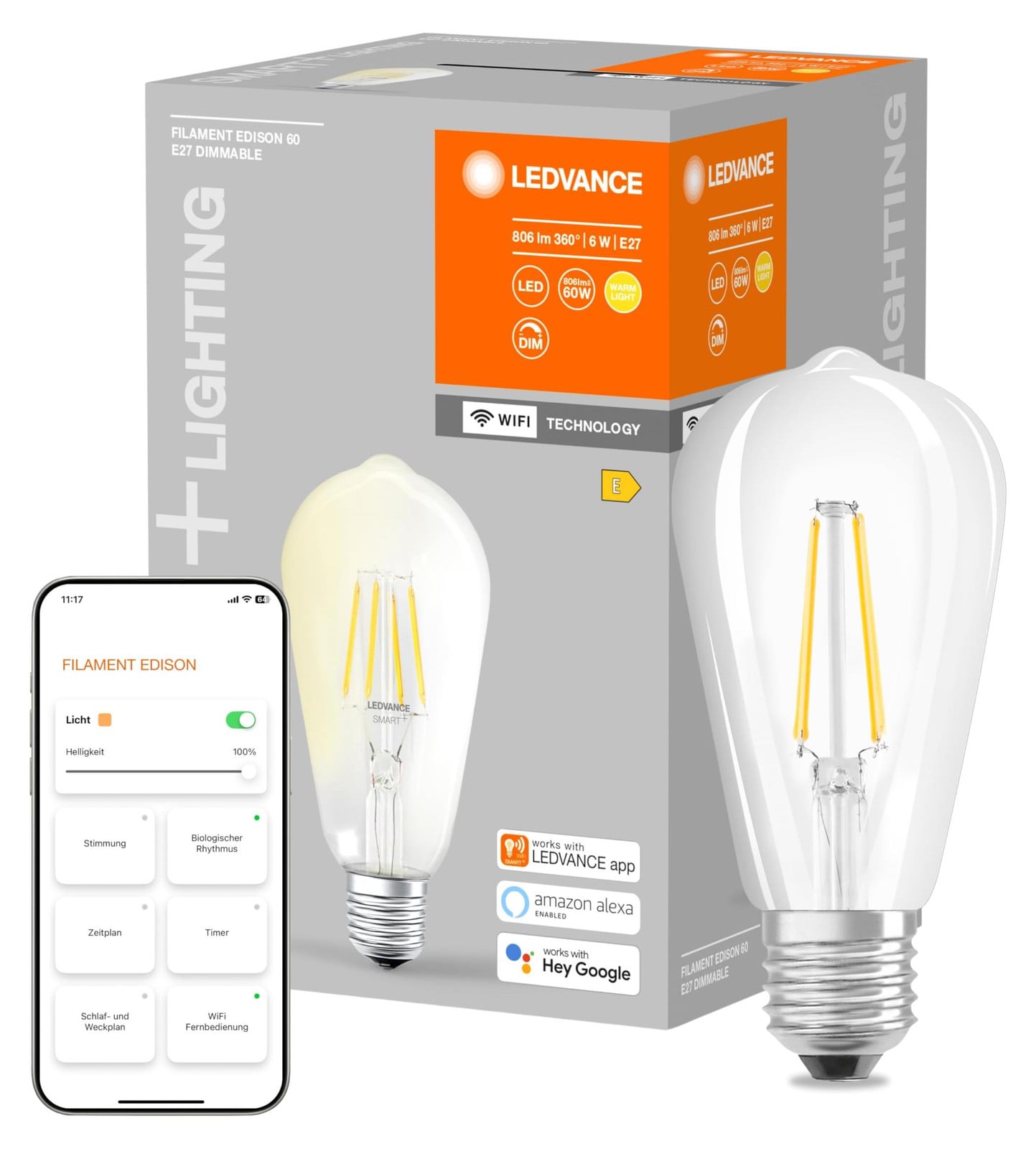 Ledvance SMART+ WiFi Filament Edison slimme LED-lamp, dimbaar, E27, transparant