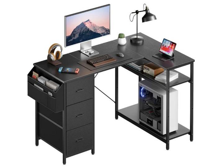 ECOFURNIX Bureau d'angle 140 x 78 cm Bureau de jeu de L avec 3 tiroirs Bureau d'ordinateur avec sac de rangement Noir