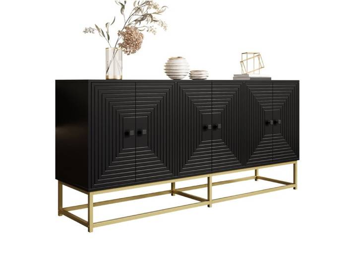 WUVRIE Buffet bas 160 cm noir mat 6 portes grand rangement style contemporain