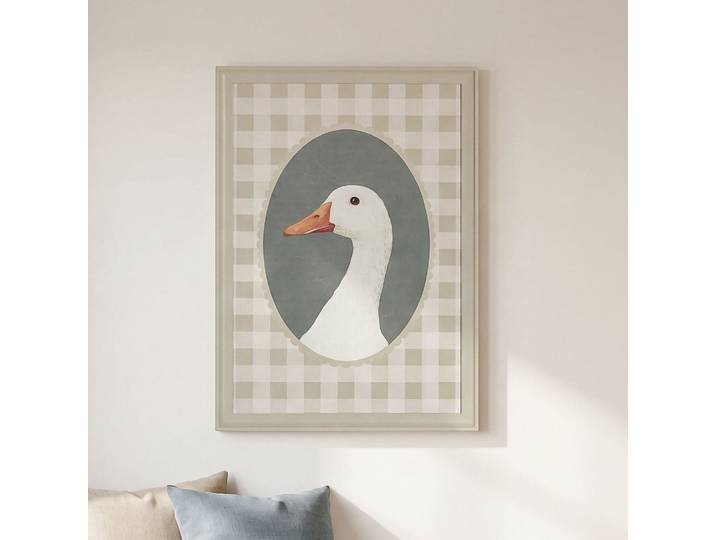 Bedruckte und bemalte Leinwand mit Vichy-Karo- und Gänsemuster, 64 x 89 cm