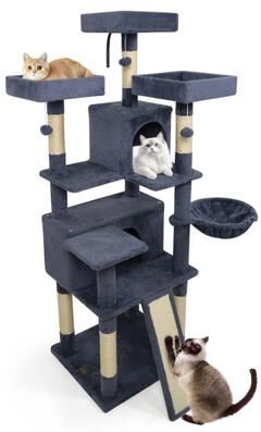 Costway 65 Inch Tall Multi-level Cat Tree with 3 Upholstered Perch and 2 Cat Condos-Dark Gray
