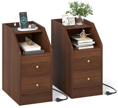 Costway Set of 2 Side End Tables with Charging Station Sofa Couch Tables with Shelf Drawers-Walnut