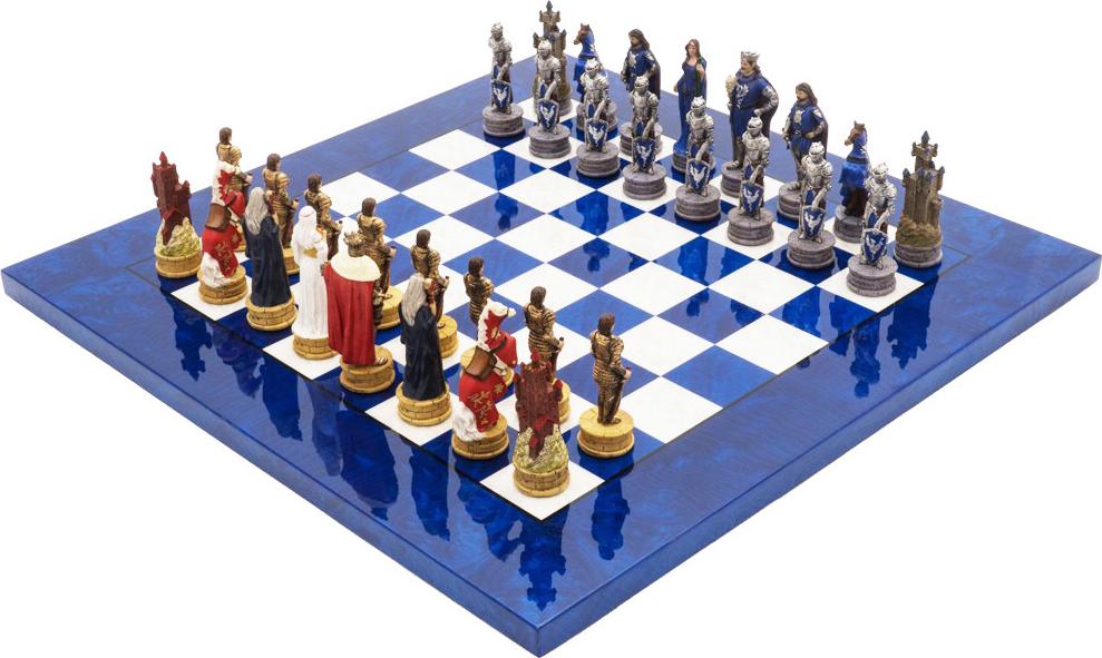 Italienisches Schachfiguren-Set König Artus + Schachbrett Holz Weiss/Blau 42