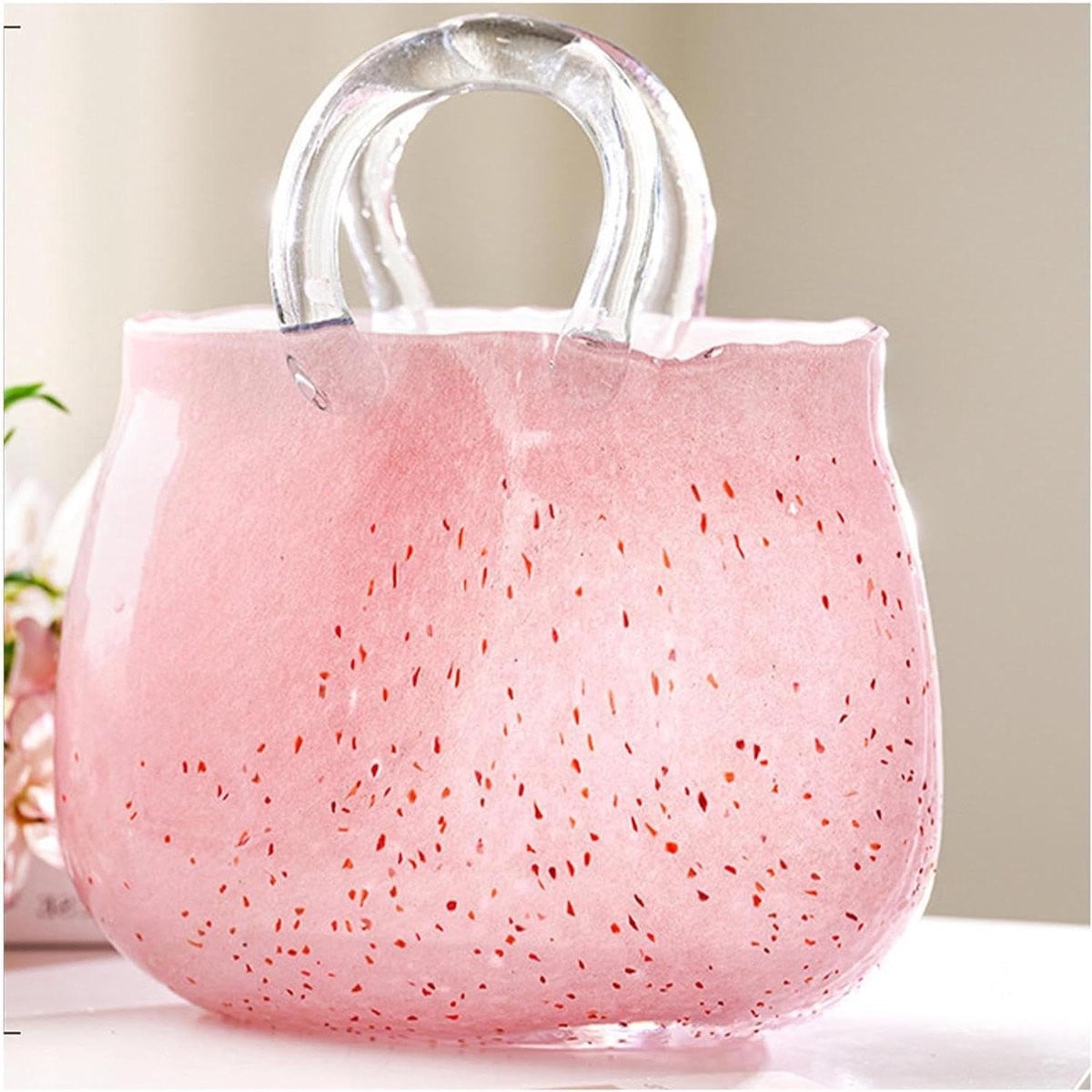 Roze Glazen Handtas Vaas met Uniek Handvat Design - 25 x 19,5 cm