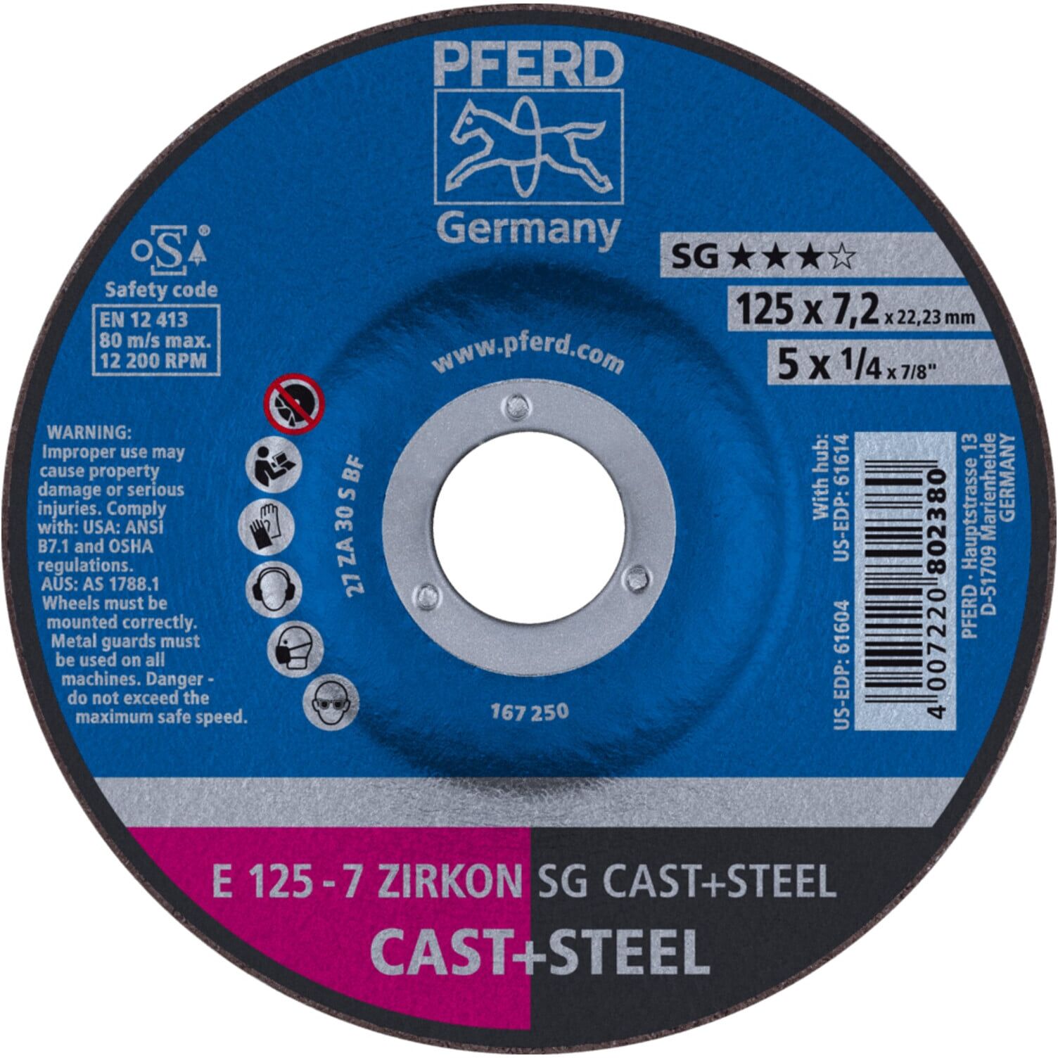 PFERD TOOLS Schruppscheibe E 125x7,2x22,23 mm ZIRKON Leistungslinie SG CAST+STEEL für Guss/Stahl (62212747)