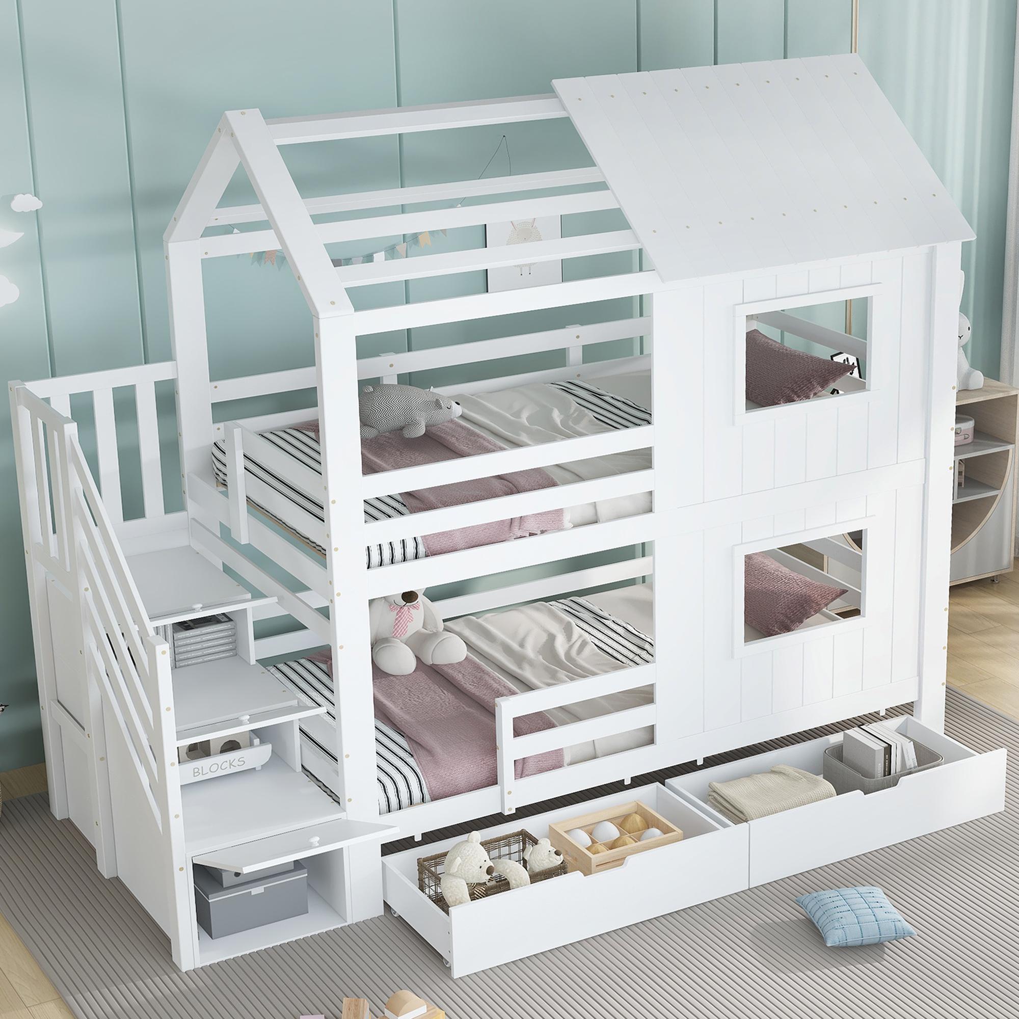 MODFU Etagenbett ohne Matratze 90x200 Stockbett mit Schublade,Bettgestell mit Treppen und Fenster,Jugendbett mit Lattenroste,Weiß