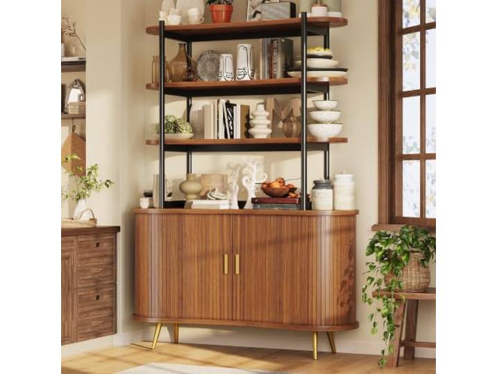 Sideboard mit Rolltüren und Aufsatzregal, 4-stufiges offenes Regal, moderner Küchenschrank mit vertikaler Riffelverkleidung, goldene Metallbeine, Stauraumschrank für Esszimmer und Wohnzimmer, Dunkelbr