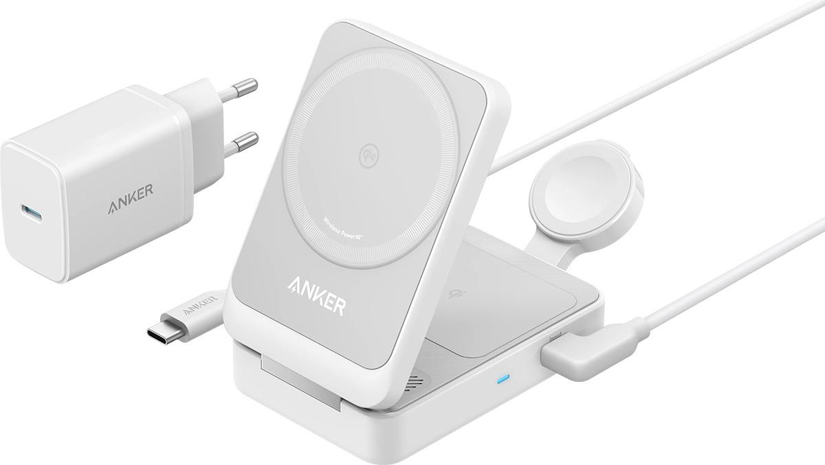 Anker MagGo Draadloze Oplader 3-in-1, 15W, Opvouwbaar, Wit