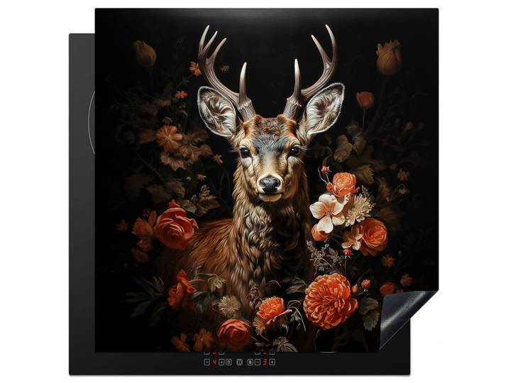 HERDABDECKPLATTE Hirsch - Tier - Blumen - Natur - Botanisch Induktionsmatte 78x78 cm
