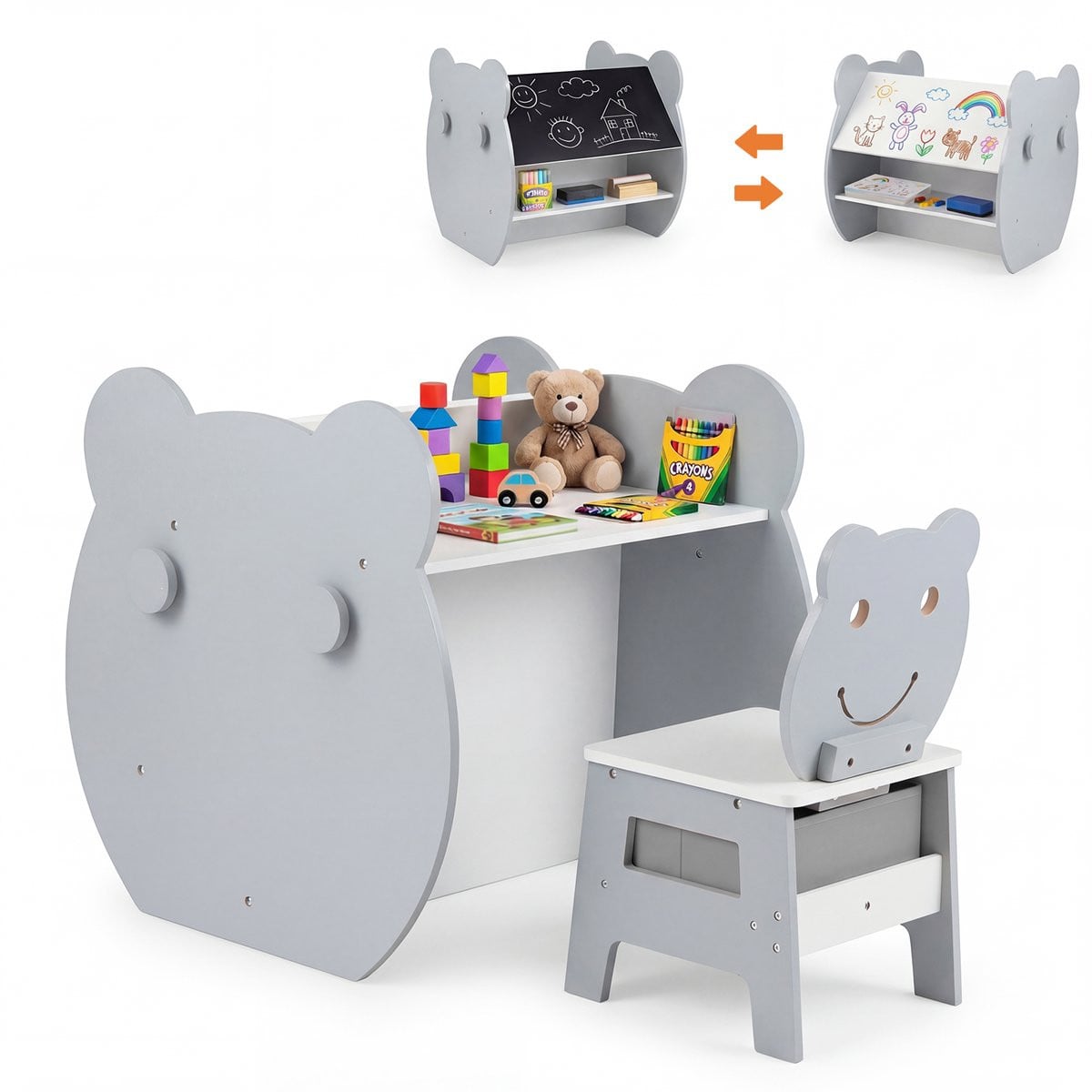 COSTWAY 3-in-1 Kindertafel met Stoel in Berenvorm, Grijs