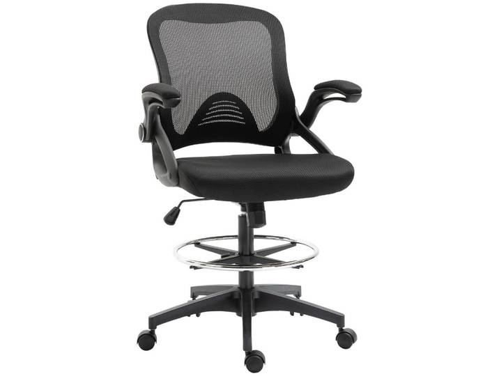 Vinsetto Mesh Zeichenstuhl Ergonomischer Bürostuhl mit Rollen drehbar Schwarz, Textil, 60x126x64 cm, Büromöbel, Bürostühle, Drehstuhl